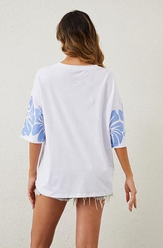 Anoumcy Cotton Oversized Hibiscus Tee Shirt for Women Floral Graphic Hawaiian T Shirts Casual Summer Vacation Loose Tops thumbnail 7