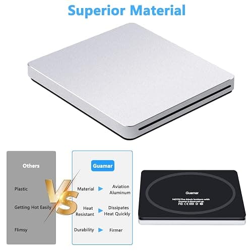 Guamar USB 3.0 Superdrive for Apple: External CD Drive for Mac MacBook Plug & Play Portable DVD Player Burner for Laptop PC Windows with USB-C Adapter/Carrying Case - Aluminum Silver thumbnail 3