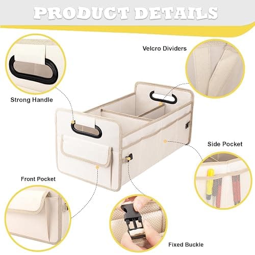 JiatuA Car Trunk Organizer, Car Organizers and Storage Collapsible Multi Compartment Container Box, Adjustable Car Accessories for SUV Sedan Truck, Standard Size, Beige thumbnail 3