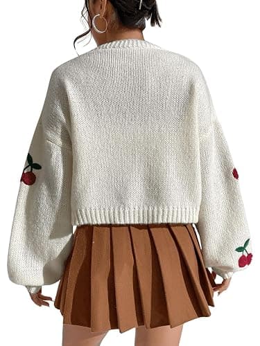 GORGLITTER Women's Cherry Cropped Cardigan Sweaters Open Front Long Sleeve Cute Chunky Knit Short Cardigan Trendy thumbnail 2