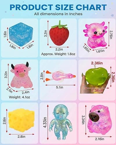 BEVLWPD 9 Pack Squishy Toys Squeeze Slow Rising Fidget Toy Sugar Filled Stress Ball Glitter Color Changing Cute Food-Shaped Highland Cow Cheese Strawberry Sugar Cube Duck Bear Crunchy thumbnail 2