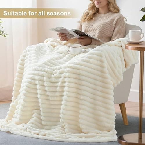 decorUhome Christmas Soft Fleece Cream White Throw Blanket for Couch, Cozy Fluffy Plush Flannel Striped Blanket for Sofa Bed, Lightweight Decorative Ribbed Fuzzy Blanket for Woman, 50x60 Inches thumbnail 8