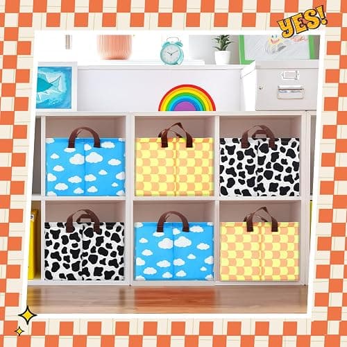 Yoojahow 3 Pack Storage Baskets Waterproof Canvas with Leather Handles Storage Bins Basket Organizer Collapsible for Closet Clothes Room Decor(Black, Yellow, Blue,Cartoon) thumbnail 6