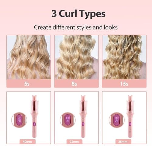 Automatic Rotating Curling Iron Hair Curler for Kids, Sakura Pink | Anti-Scald Adjustable 210-410℉ 12 Temperature Settings 3 Smart Timer Modes Dual Voltage Ceramic Curling Wand thumbnail 6