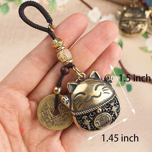 Mansiyuyee Brass Maneki Neko Lucky Cat Keychain with Feng Shui Coins, Maneki Neko Statue Good Luck Charms Lucky Tassel thumbnail 3