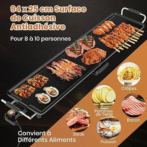 GOPLUS Plancha Électrique XXL 1800W, Thermostat Ajustable, Plancha Grille Table Antiadhésive & Lavable avec Poignée Rembourrée, Grande Capacité pour 8 Personnes, 94 x 25CM thumbnail 4