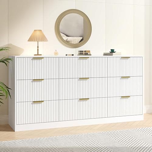 NOVAMAISON White Dresser for Bedroom with 9 Drawers, 63” Wide White Fluted Dresser Modern Chest of Drawers with Gold Handles, Wooden TV Stand Storage Organizer for Bedroom, Living Room - Image 1