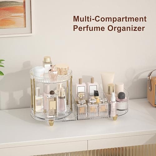 Makeup Organizer Countertop for Vanity, Rotating Perfume Tray with 5-compartment Cosmetic and Skincare Organizers, Multi-Purpose Desk Storage Makeup Brush Holder for Bathroom Bedroom Counter thumbnail 6