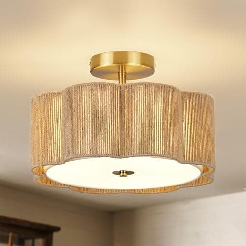 HILUXIA Boho Rattan Ceiling Light Fixture, 3-Light Semi Flush Mount Woven Ceiling Lamp with Gold Canopy, Dimmable Floral Wicker Ceiling Light for Bedroom Dining Room Kitchen Hallway Entryway Foyer thumbnail 9