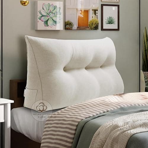 WOWMAX Wedge Pillow Headboard Dorm Headboard Twin XL Bed Wedge Pillow Bolster Pillow for Bed with Removable Cover, 80% Cotton & 20% Linen Blend, Pure White - Image 1