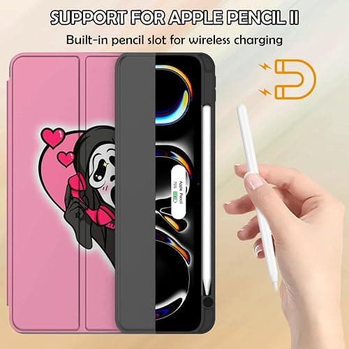 Cabreche Compatible with iPad Pro 13 Inch Case (M5/M4) 2025/2024 with Pencil Holder TPU Back Case Auto Sleep/Wake Cover for Girls Women Men Cute Preppy Cool-Pink Skull Skeleton thumbnail 3