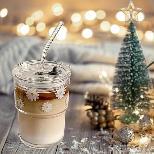 Olvini 13oz Glass Tumbler with Straw and Lid, Reusable Iced Coffee Cup Tumbler, Cute Glass Cups for Water, Matcha, Travel Coffee Mugs (Daisy) thumbnail 2