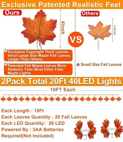 Fall Decor 2 Pack Fall Garland with Lights Enlarged Maple Leaves 20Ft 40LED | Halloween Fall Decorations for Home, Battery Operated Waterproof Autumn String Lights Indoor Outdoor Thanksgiving Decorations thumbnail 2
