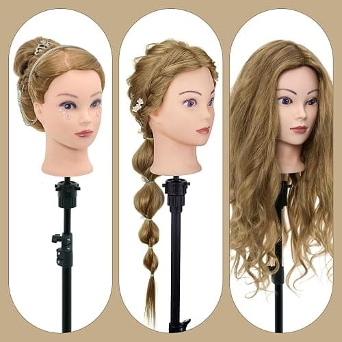 71cm hairdressing Head, 60% Real Human Hair Cosmetology Mannequin Head Manikin Doll Head with Table Clamp + DIY Hair Styling Tools Set (Gold) thumbnail 4