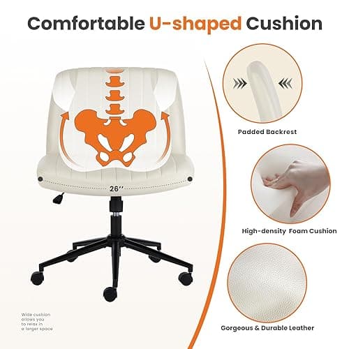 Elevon Criss Cross Chair with Wheels, Cross Legged Office Chair Armless Wide Desk Chair with Dual-Purpose Base, Adjustable Swivel Fabric Task Vanity Home Office Desk Chair, Leather Beige - Leather Beige thumbnail 5