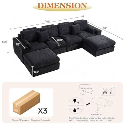 Vellorise 136" Cloud Modular Sectional Sofa with Detachable Comfort Seat Cushion, U-Shaped Convertible Boneless Couches for Living Room, Rearrange Freely, No Assembly, Misty Black, 6-Seater Ensemble thumbnail 2