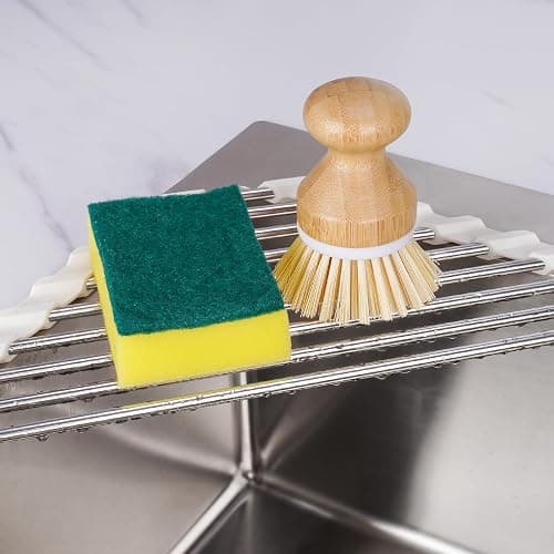 Tomorotec Triangle Roll-Up Dish Drying Rack Sink Corner Small Foldable Stainless Steel Over The Sink Multipurpose Kitchen Drainer Caddy Organizer Storage Shelf Holder (Coconut Milk White) thumbnail 3