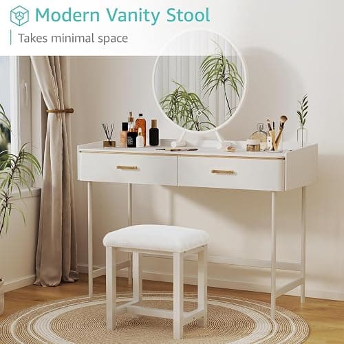 Small Vanity Stool, Cute Vanity Stools with Soft Faux Rabbit Fur Cushion, White Makeup Vanity Chair for Small Spaces, Living Room, Bedroom, Entryway, Ottoman Foot Rest for Couch Sillas Modern thumbnail 3