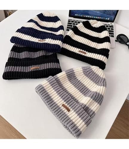 TYHOTULY Women Striped Color Block Beanies Y2k Grunge Emo Vintage Knit Fall Winter Slouchy Skull Cap Outdoor Winter Warm Hat thumbnail 7