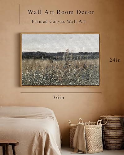 InSimSea Framed Canvas Wall Art Vintage Decor, Landscape Wall Art, Meadow with Flowers Art, Modern Farmhouse Decor, Cottagecore Bedroom Bathroom Office Decorations, 24"x36" thumbnail 5