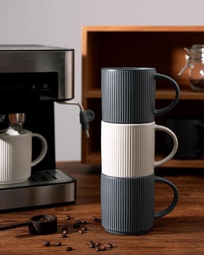 famiware Coffee Mug Set for 4, Star 12 oz Catering Mugs Cup Set with Handle for Coffee, Tea, Cocoa, Milk - Ceramic Stoneware Drinkware Set, Matte White + Matte Black thumbnail 7