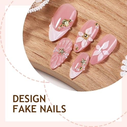 24Pcs 3D Almond Press on Nails Medium White French Tip Fake Nails Gold Beads Shell Starfish Rhinestones Design Flower Glue on Nails Spring False Nails Handmade Acrylic Nails for Women Manicure thumbnail 4