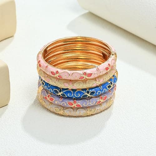 sunglnl Cloisonne Bracelet For Women, 4 Petals of Flower Shaped Enamel Bling Chunky Bangle Trendy Cute Colorful Gold Plated Vintage Bracelets Stackable Wife Jewelry Friendship Gift thumbnail 7