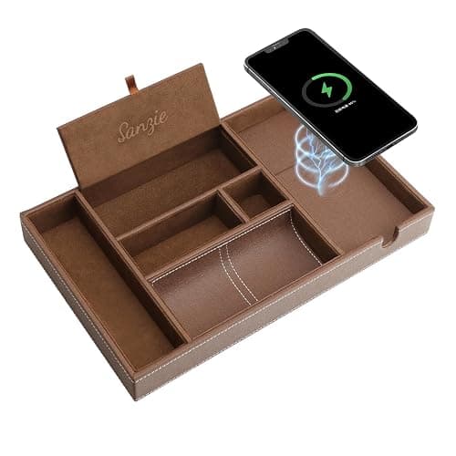 SANZIE Leather Tray with Wireless Charger - Nightstand Organizer for Phone, Wallet, Keys, Sunglasses, Watches, Jewelry, and More (Brown, Large) - Image 1