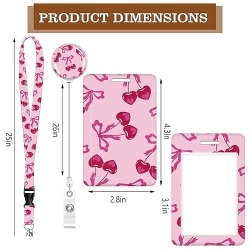 ID Badge Holder with Lanyard,Fashionable Retractable Badge Holders Reels with Lanyards Adjustable, for Women Kids Teacher Nurses Doctor Student(Cute cherries with bows) thumbnail 2