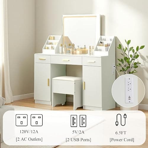 Sylvan Gravity Large Vanity Desk with Mirror and Lights,Makeup Vanity Desk with Folding up Mirror,2 Makeup Organizers and Outlet,for Bedroom,White thumbnail 8
