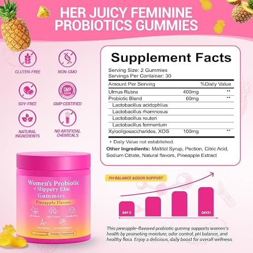 BURMINY Her Juicy Feminine Probiotics Gummies, Premium Feminine Balance Probiotics with Slippery Elm for Women's pH Balance and Freshness – Support Daily Wellness & Comfort 60 Pineapple Gummies thumbnail 2