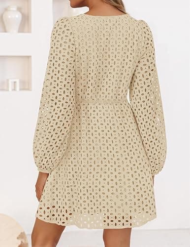 ZESICA Womens Fall Cute Hollow Out Long Sleeve Mini Dress | Crewneck, Tie Front, Eyelet Babydoll Dress, A-Line Short Dress, Casual Party Dress thumbnail 5