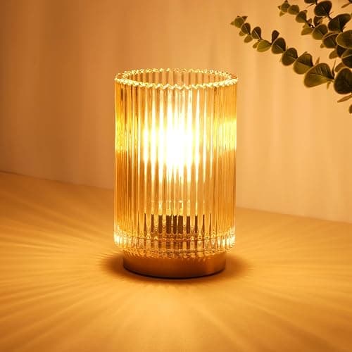 Mirasium Battery Operated Lamp, Cordless Table Lamp with Timer, Desk Bedside Lamps with LED Warm Light, Glass Small Table Lamp for Bedroom, Bathroom, Living Room, Home Decor - Amber - Image 1