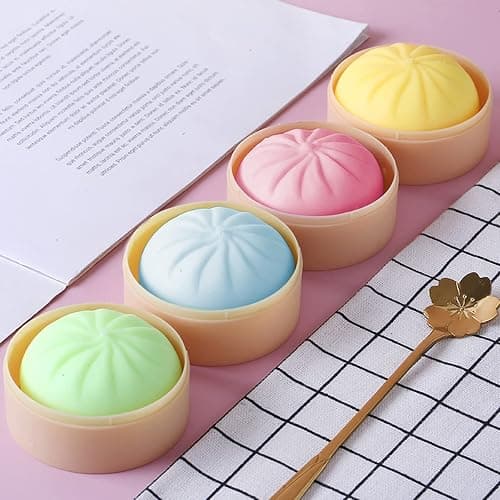 MEIEST 4 PCS Colorful Dumpling Stress Balls Fidget Sensory Toy,Squeeze Dough Ball Stress Relief Hand Toy,Bun with Food Steamer Stretchy Desk Toys thumbnail 2