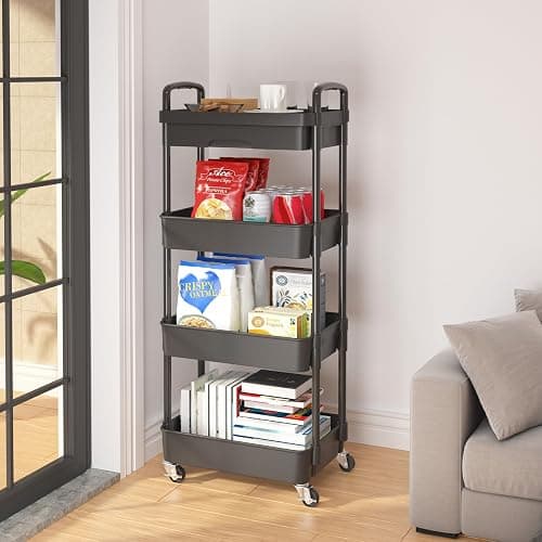 Calmootey 4-Tier Rolling Utility Cart with Drawer,Multifunctional Storage Organizer with Plastic Shelf & Metal Wheel,Storage Cart for Kitchen,Bathroom,Living Room,Office,Black thumbnail 5