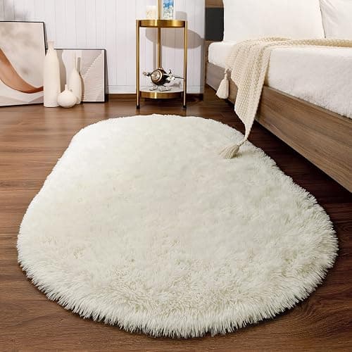Softlife Fluffy Rugs for Bedroom, Shag Cute Area Rug for Girls/Boys and Kids Baby Room Home Decor, 2.6 x 5.3 Feet Oval Indoor Carpet for Nursery Dorm Living Room, Creamy - Image 1