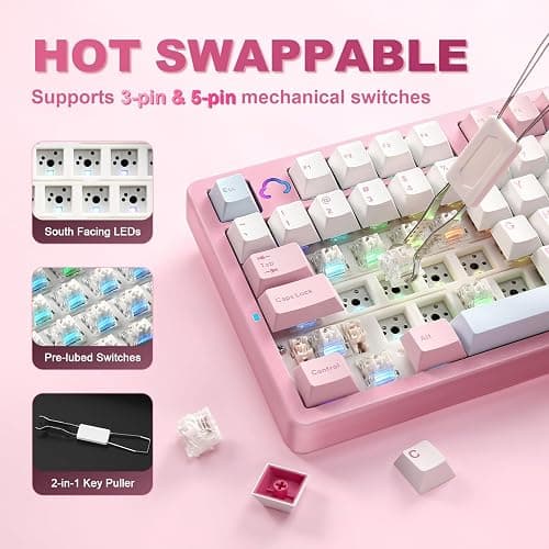 YUNZII AL98 QMK/VIA Wireless Mechanical Gaming Keyboard,Full Aluminum,BT/2.4G/USB-C, Pre-Lubed Hot Swappable Gasket Mount 1800 Layout,RGB Backlit for Win/Mac (Pink, Milk Switch) thumbnail 6