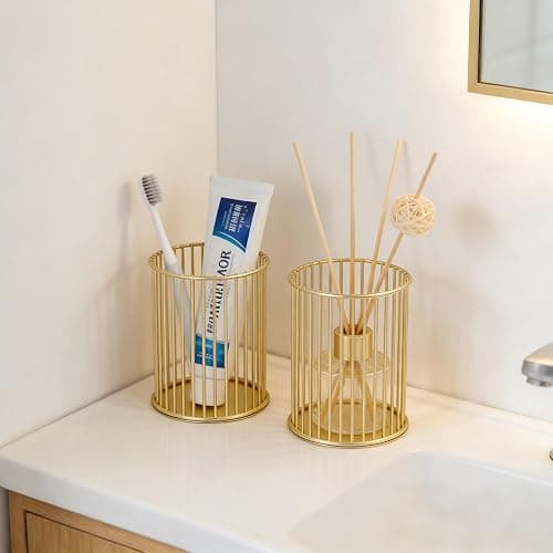 JESANWOO Gold Metal Pen Holder with Open-Grid Design – Stainless Steel Desk Organizer for Pens, Makeup Brushes & Pencils – Breathable, Rustproof, 3x3x3.9 Inch – Home Office, Vanity & Bathroom thumbnail 7