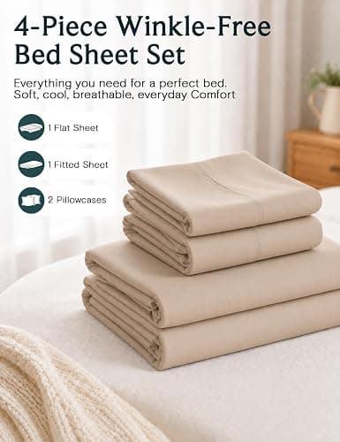 LuxClub 4 PC Full Sheet Set, Breathable Luxury Bed Sheets, Deep Pockets 18" Wrinkle Free Cooling Bed Sheets Machine Washable Hotel Bedding Silky Soft - Light Khaki Full thumbnail 6