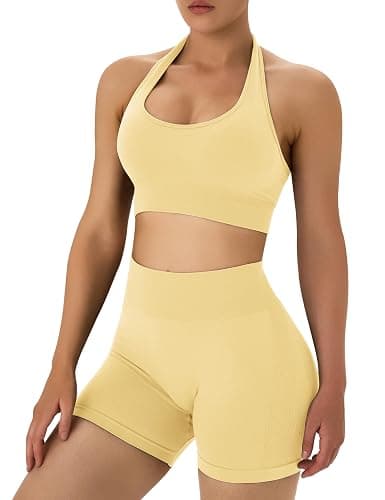 OLCHEE Workout Sets for Women 2 Piece Backless Halter Sports Bra High Waist Booty Shorts Yoga Gym Outfits Lounge Activewear thumbnail 5