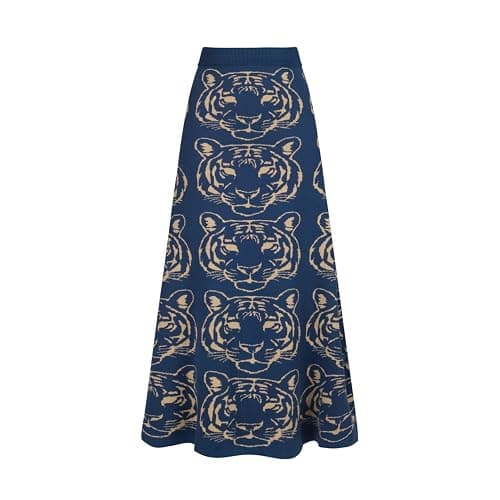 OXKnit Knittd Midi Skirts for Women, Mod Style Casual Retro Tiger Pattern High Waist A Line Cotton Blue Skirts - Image 1