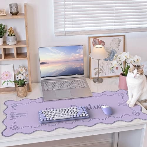 iCasso Purple Office Decor for Women, Scalloped Desk Cover Mat, Large Mouse Pad, Leather Waterproof Accessories Blotter, Non-Slip Mousepad for Organizer Office Dorm Supplies Teacher Girly thumbnail 6