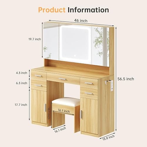 Vanity Desk with Mirror and Lights, Tri-Folding Mirror Makeup Vanity with 7 Drawers, Large Vanity Table Set with 3 LED Light Modes and Cushioned Stool, Power Outlet, Perfect for Bedroom, Oak thumbnail 2