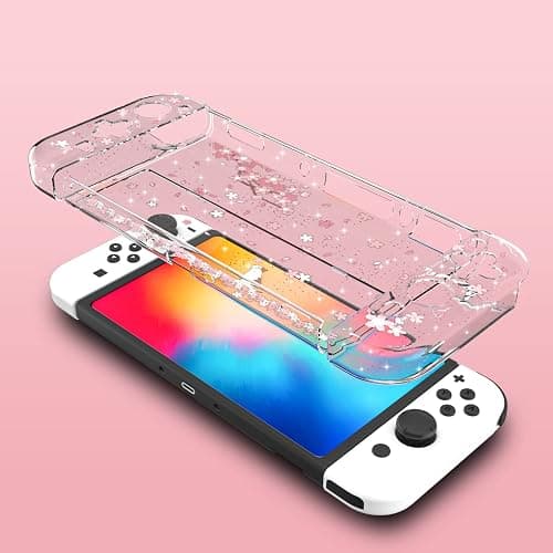 Cute Switch OLED Case – Dockable Glitter Clear Protective Cover with Cherry Blossom Design, Tempered Glass Screen Protector & Thumb Grips for Nintendo Switch OLED thumbnail 4