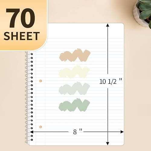 SUNEE Spiral Notebooks College Ruled, 1-Subject, 4 Pack, 8 x 10-1/2 inch, 70 Sheets per Notebook, 3-Hole Punched Paper, Green, Grey, Beige, Red for Work, Home & School, Writing Journal thumbnail 3