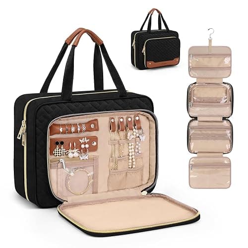 Wedama Toiletry Bag for Women, Hanging Travel Toiletry Bag with Jewelry Organizer Compartment Large Makeup Bag, PVC Waterproof Cosmetic Travel Bag for Travel Business Trips Camping Bathroom, Black - Image 1