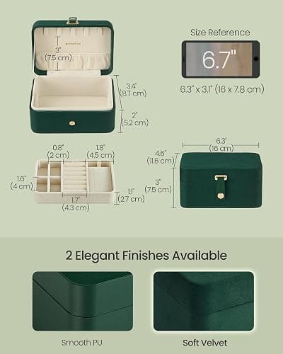 SONGMICS GISELLA Collection - Travel Jewelry Organizer, 2-Layer Jewelry Case Holder with Shiny Metal Hardware, Portable, Premium Velvet, for Earrings Necklaces, Retro Green UJBC166C04 thumbnail 3
