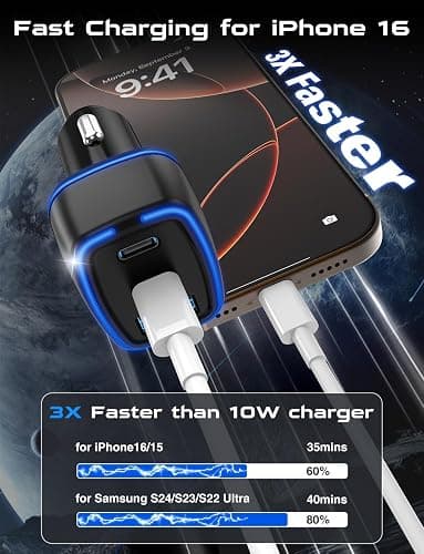 USB C Car Charger, 3 Port PD Super Mini Cigarette Lighter Adapter, 2Pack USB-C & A Fast Car Charging for iPhone 16/15 Pro Max, Galaxy S25/S24, iPad, Pixel, Android Phones,Travel Essentials for Men thumbnail 3