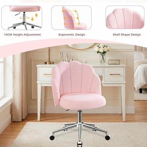 Eufurnibi Vanity Chair for Dressing Table with Wheels, Boucle Chair for Bedroom, Swivel Armchair for Home, Height Adjustable&Easy Assembly, Pink thumbnail 4