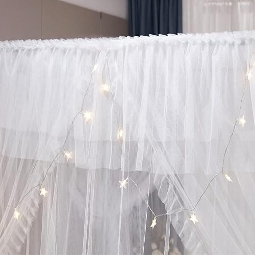 HUOQOU Baldaquin Princesse avec Volants Ciel de Lit Rectangulaire à 4 Ouvertures Moustiquaire Double Couche pour Chambre de Fille Décoration Romantique Doux et Respirant (Blanc,1,35W x 2l x 2,1H(m)) thumbnail 5